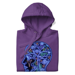 Purple unisex premium pullover hoodie with neon psychedelic human head design featuring eyes and geometric shapes
