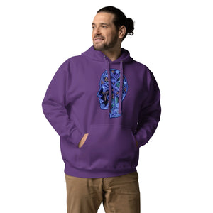 Man wearing purple unisex premium pullover hoodie with neon psychedelic head design on front