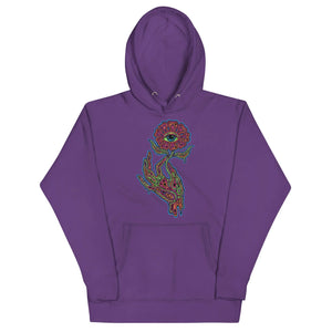 Purple unisex premium pullover hoodie with psychedelic neon art of a hand holding a flower with an eye at the center