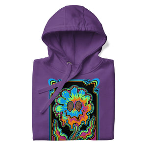 Purple unisex premium pullover hoodie with vibrant psychedelic smiling flower graphic and swirling neon colors