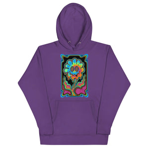 Purple unisex premium pullover hoodie with vibrant psychedelic flower graphic and spiral eyes