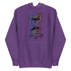 Purple unisex premium pullover hoodie with a vibrant psychedelic abstract hourglass design on the front