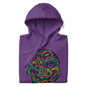 Purple unisex premium pullover hoodie with vibrant psychedelic neon abstract face design on front