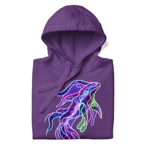 Purple unisex premium pullover hoodie with vibrant neon psychedelic squid design