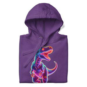 Purple unisex pullover hoodie with neon colorful T-Rex dinosaur graphic design