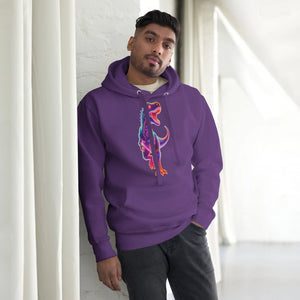 Man wearing purple pullover hoodie with colorful neon T-Rex dinosaur graphic, indoor setting