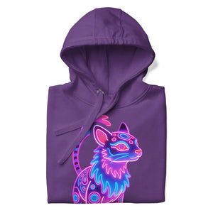 Purple unisex hoodie with neon glowing abstract cat graphic design