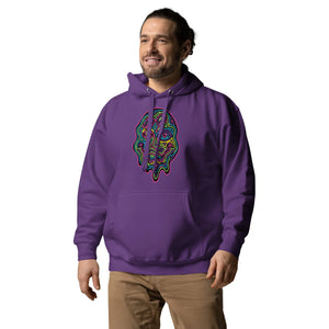 Man wearing purple unisex premium pullover hoodie with neon psychedelic abstract face design, beige pants