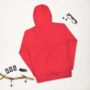 Back view of unisex premium red pullover hoodie on white background with Halloween-themed props