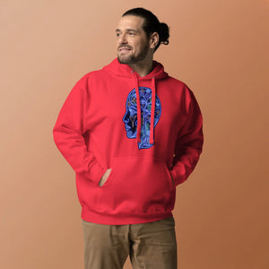 Man wearing red unisex premium pullover hoodie with psychedelic neon blue profile head design