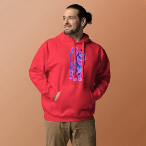 Man wearing red unisex premium pullover hoodie with colorful neon cat design against beige background