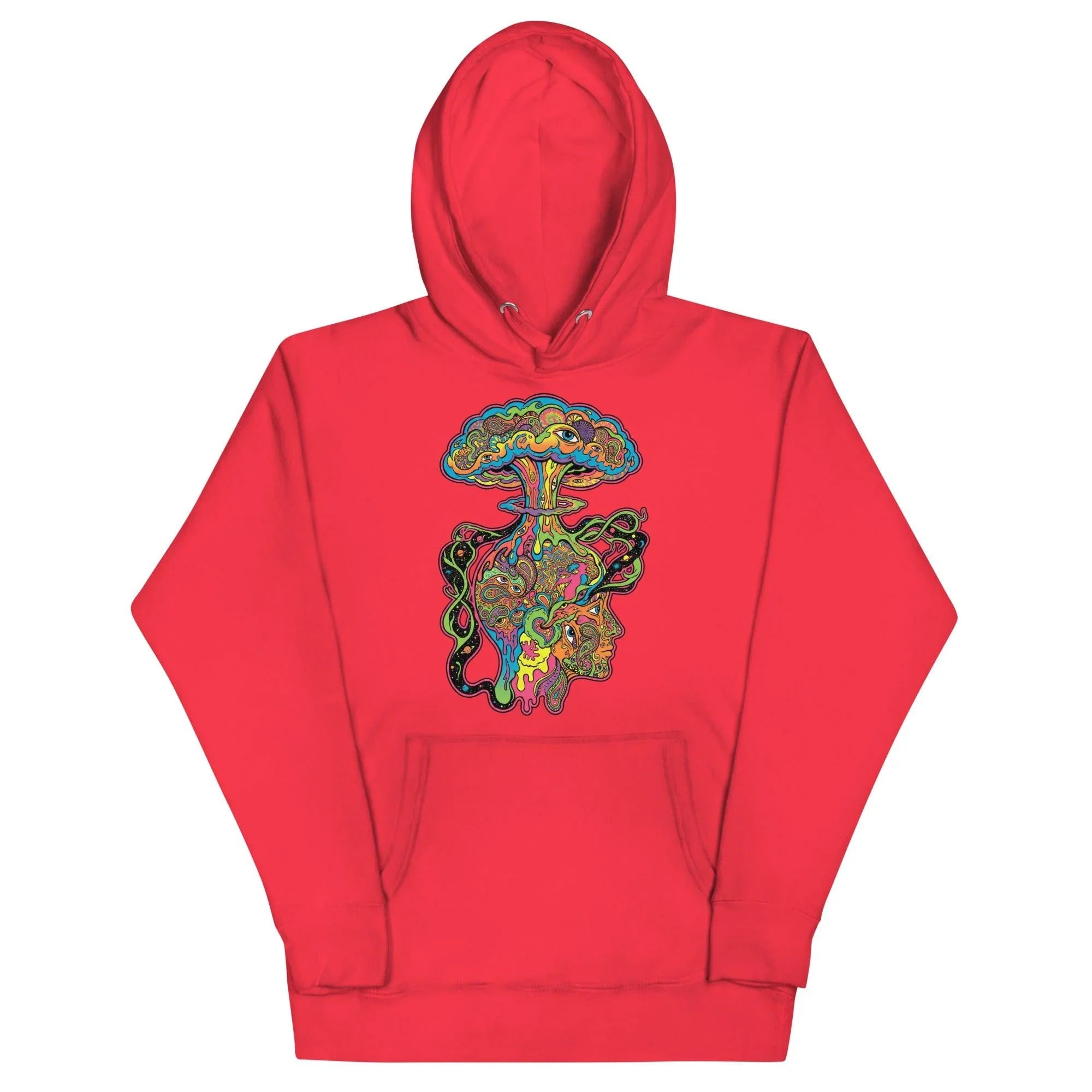 Unisex premium pullover hoodie in bright team red with psychedelic brain explosion and abstract face art design
