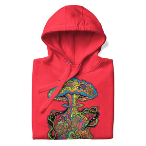 Red unisex premium pullover hoodie with psychedelic multicolor mushroom cloud art and eye patterns