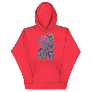 Red unisex premium pullover hoodie with psychedelic brain and mushroom graphic design on front