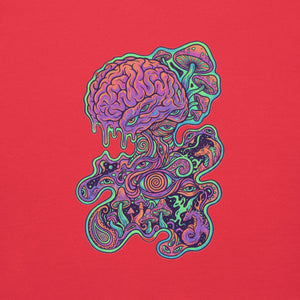 psychedelic art on red pullover hoodie featuring a melting purple brain, mushrooms, swirling eyes, and mystical creatures