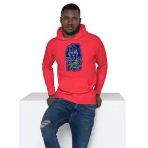 Man wearing a red premium pullover hoodie with colorful psychedelic abstract face design, paired with ripped blue jeans