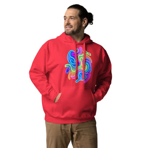 Man wearing red cotton hoodie with vibrant neon psychedelic abstract art design on front