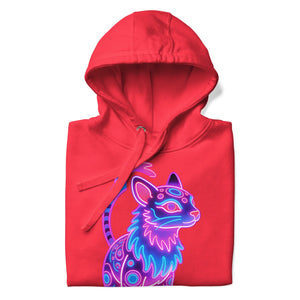 Red unisex premium pullover hoodie with neon stylized cat graphic design