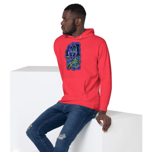 Man wearing red unisex pullover hoodie with colorful psychedelic face design, sitting on white block