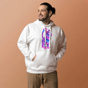 Man wearing white hoodie with neon pink and blue cat graphic, standing against peach background