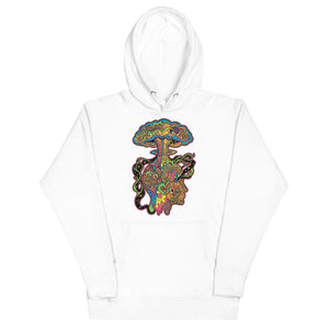 White unisex premium pullover hoodie with vibrant psychedelic mushroom and face art design