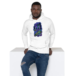 Man wearing white pullover hoodie with vibrant neon psychedelic abstract face design, paired with ripped jeans