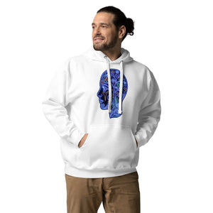 Man wearing white unisex premium pullover hoodie featuring neon psychedelic profile head design, styled with brown pants