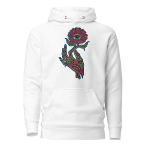 White unisex premium pullover hoodie with psychedelic neon hand and eye flower graphic