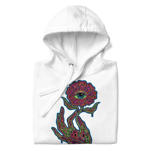 White premium unisex pullover hoodie with psychedelic hand holding a flower featuring a large eye design