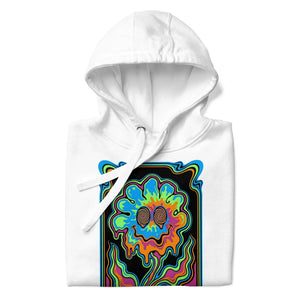 White unisex premium pullover hoodie with vibrant psychedelic flower design and spiral eyes