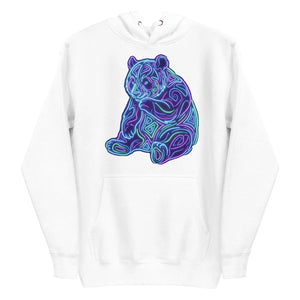 White unisex premium pullover hoodie featuring a vibrant neon psychedelic panda design