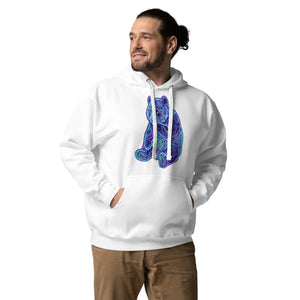 Man wearing white Cotton Heritage unisex premium pullover hoodie with neon blue and purple psychedelic bear design