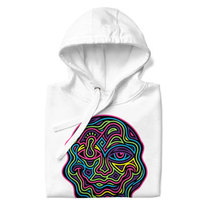 White premium unisex pullover hoodie with colorful psychedelic abstract face design front
