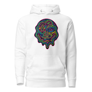 White unisex premium pullover hoodie with colorful psychedelic abstract face design on front