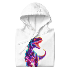 White pullover hoodie with colorful neon T-Rex dinosaur graphic front design