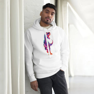 man wearing white premium pullover hoodie with colorful T-Rex dinosaur graphic in bright hues