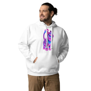 Man wearing white pullover hoodie with colorful neon cat graphic on front, brown pants