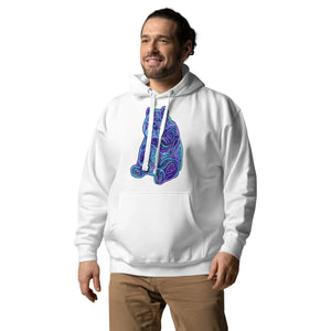 smiling man wearing white unisex premium pullover hoodie with neon psychedelic bear design, casual streetwear