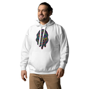 Smiling man wearing white premium pullover hoodie with vibrant neon psychedelic face design and kangaroo pocket