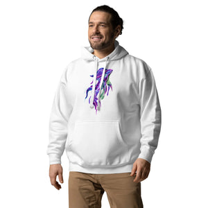 Man wearing white unisex premium pullover hoodie with vibrant psychedelic neon squid design on front