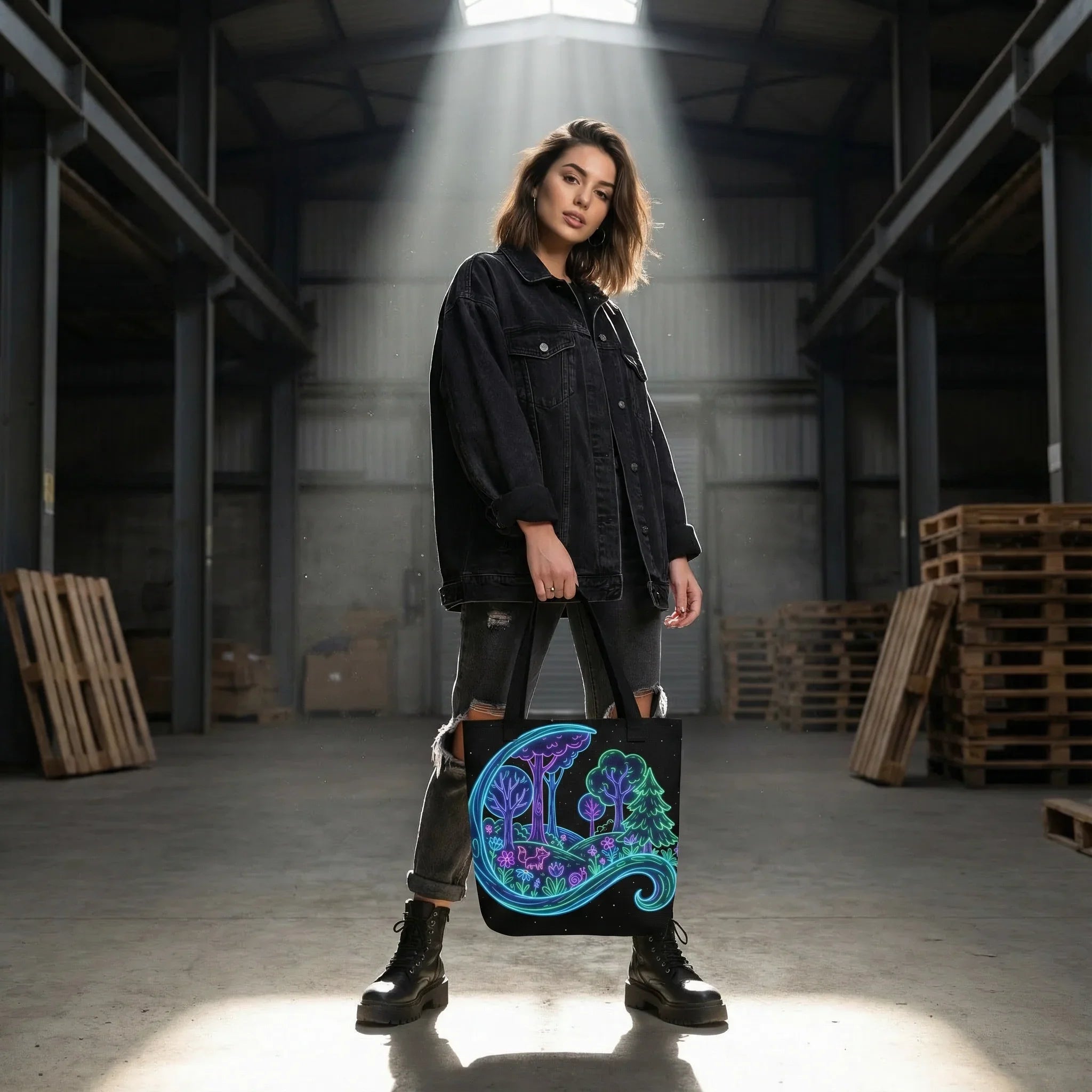 Woman in warehouse holding tote bag with neon psychedelic forest art, streetwear fashion