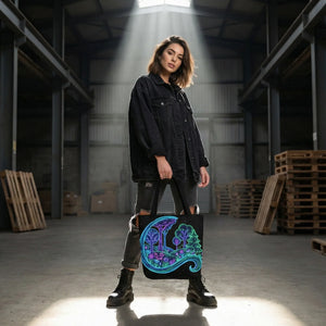 Woman in warehouse holding tote bag with neon psychedelic forest art, streetwear fashion