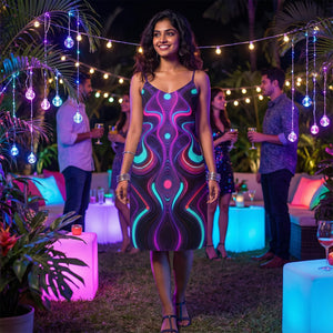 Woman in psychedelic neon dress at outdoor party, vibrant Mad Lad Designs streetwear