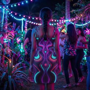Woman in neon psychedelic dress at vibrant outdoor party, surrounded by colorful lights