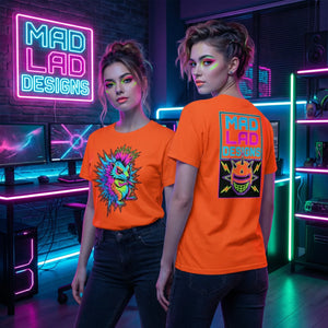 Two women in neon orange Mad Lad Designs psychedelic t-shirts in a vibrant gaming room.
