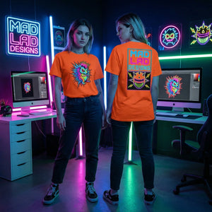 Two women wear Mad Lad Designs neon orange psychedelic t-shirts in a bright studio with colorful LED lights and digital art on monitors.