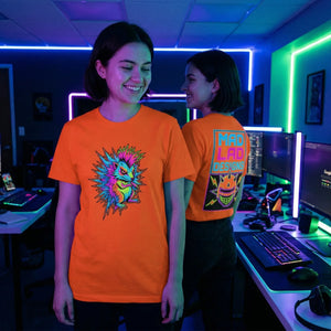 Woman wearing neon orange Mad Lad Designs t-shirt with psychedelic animal print, in a vibrant gaming room.
