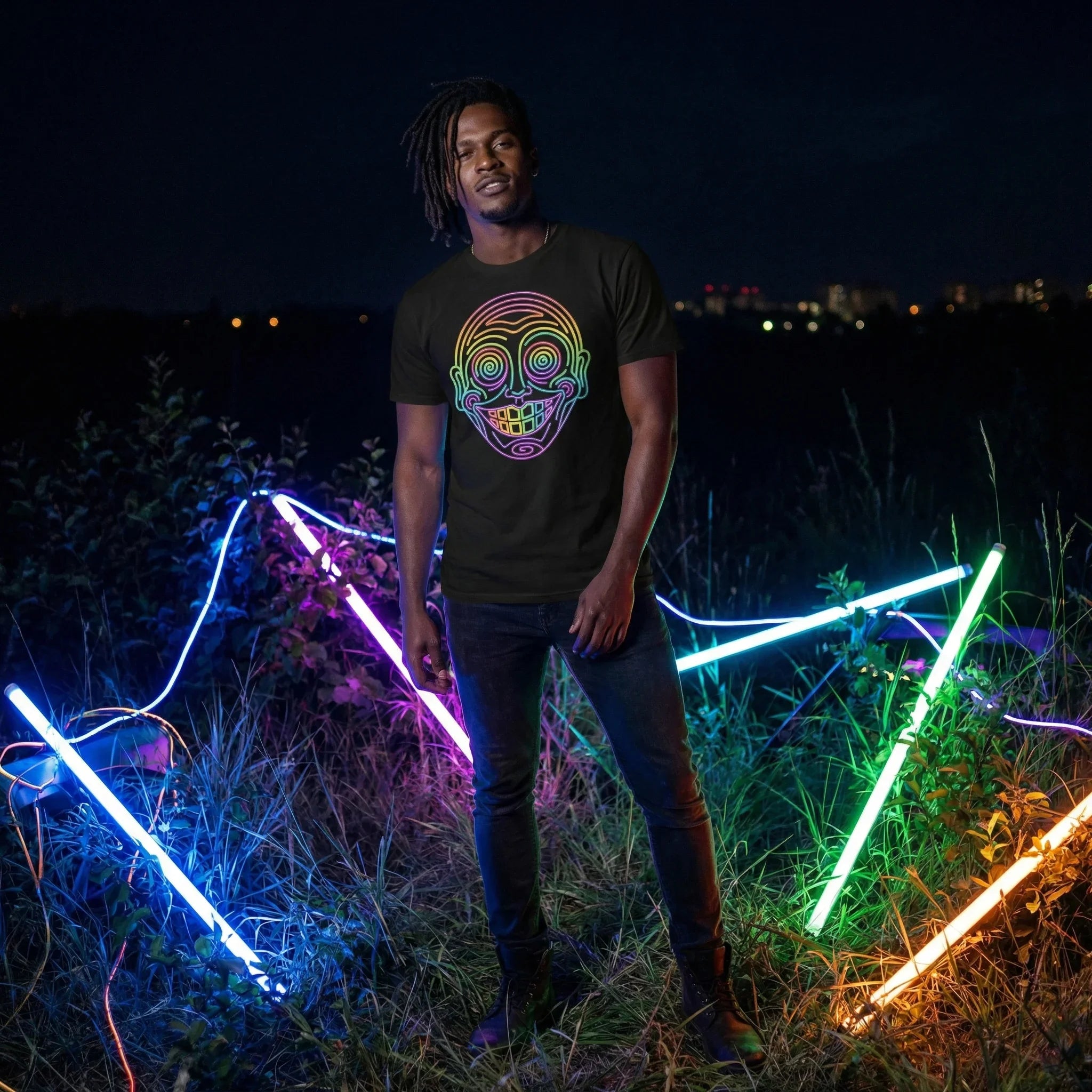 Man wearing Mad Lad Designs psychedelic neon skull shirt outdoors at night with glowing neon lights.
