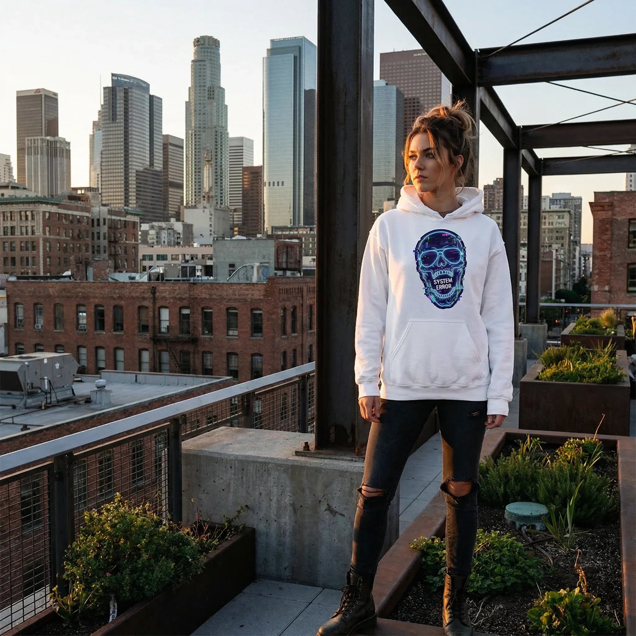 Woman in white psychedelic skull hoodie on city rooftop, urban streetwear fashion, Mad Lad Designs