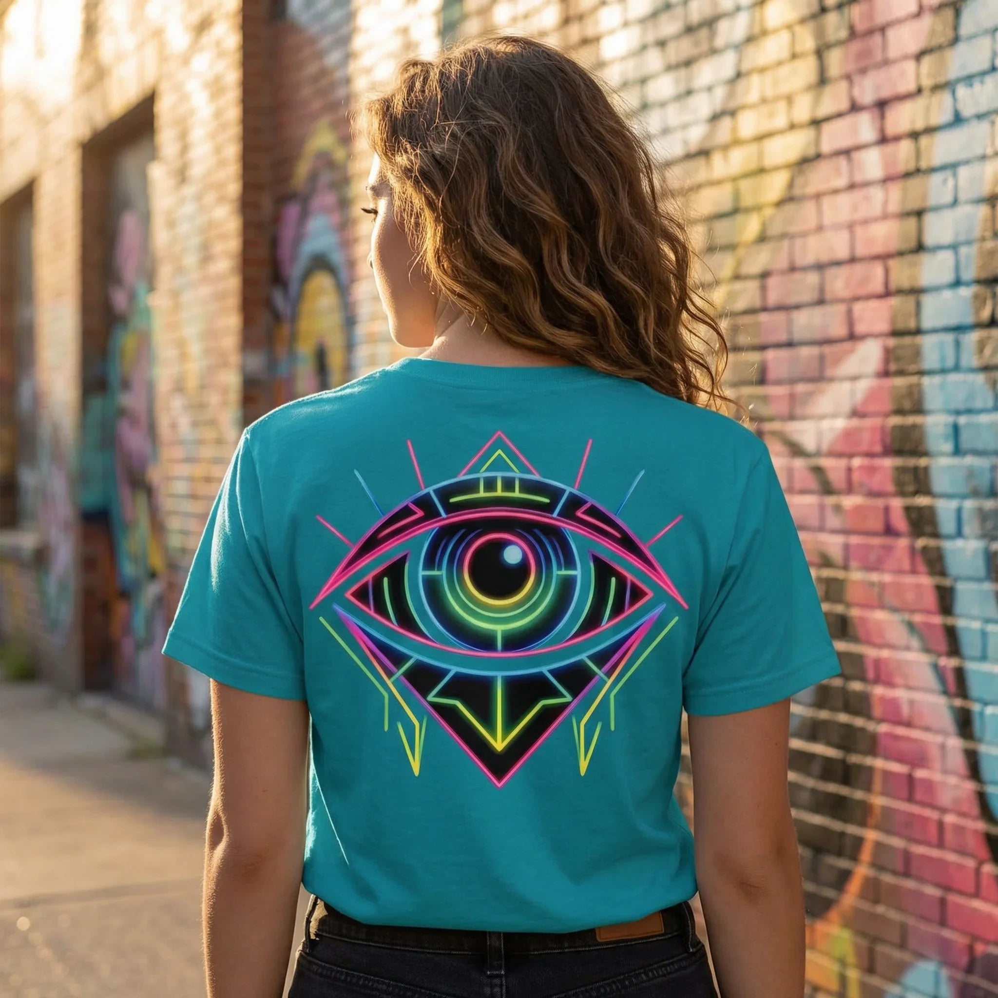 Woman wearing teal Mad Lad Designs t-shirt with neon psychedelic eye art, graffiti wall background